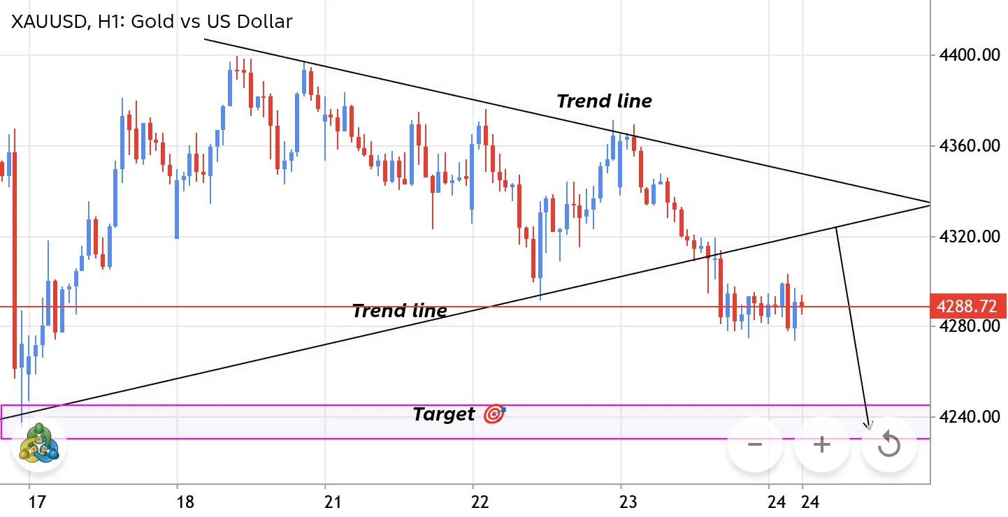 XAUUSD H1 — Bearish Breakdown Below Rising Trendline