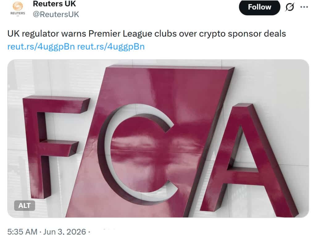 The UK's FCA warned Premier League clubs that partnerships with unauthorized crypto firms could expose them to legal, reputational, and compliance risks
