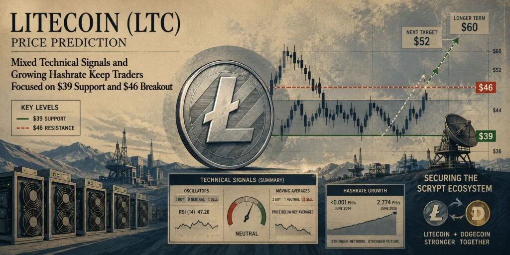 Litecoin (LTC) Price Prediction: Mixed Technical Signals and Growing Hashrate Keep Traders Focused on $39 Support and $46 Breakout