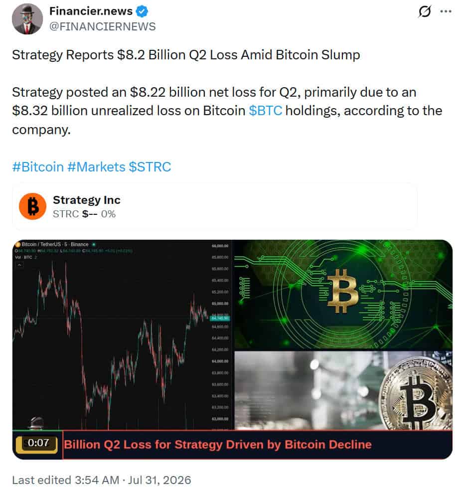 Strategy reported an $8.22 billion Q2 2026 net loss, largely driven by an $8.32 billion unrealized markdown on its 843,775 BTC holdings