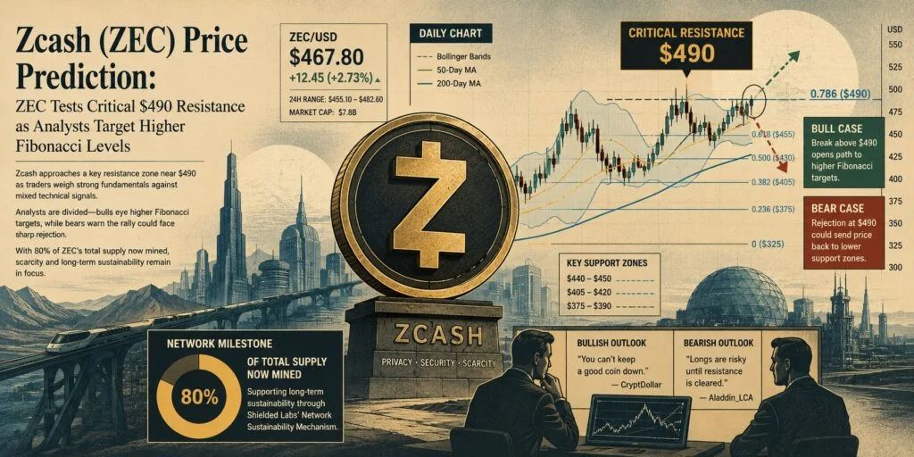 Zcash (ZEC) Price Prediction: ZEC Tests Critical $490 Resistance as Analysts Target Higher Fibonacci Levels