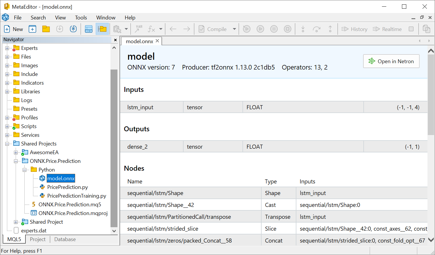 Ouvrez les modèles ONNX directement dans MetaEditor