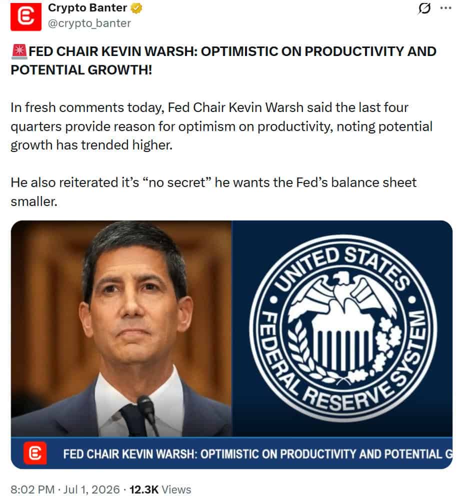 Fed Chair Kevin Warsh expressed optimism about U.S. productivity and economic growth, citing stronger trends over the past four quarters