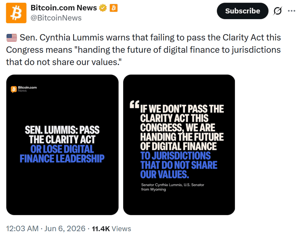 Sen. Cynthia Lummis warned that failing to pass the CLARITY Act could cede leadership in digital finance to foreign jurisdictions