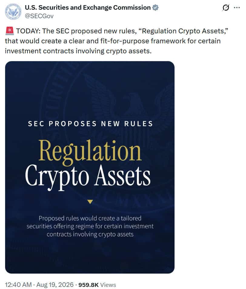The SEC proposed “Regulation Crypto Assets” on August 18, 2026