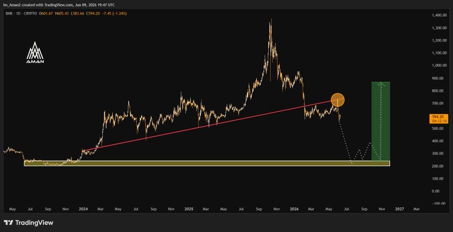 chart shows BNB has broken below a long-term ascending trendline and is approaching a major support zone that could offer a favorable risk-to-reward rebound opportunity if buyers hold the level