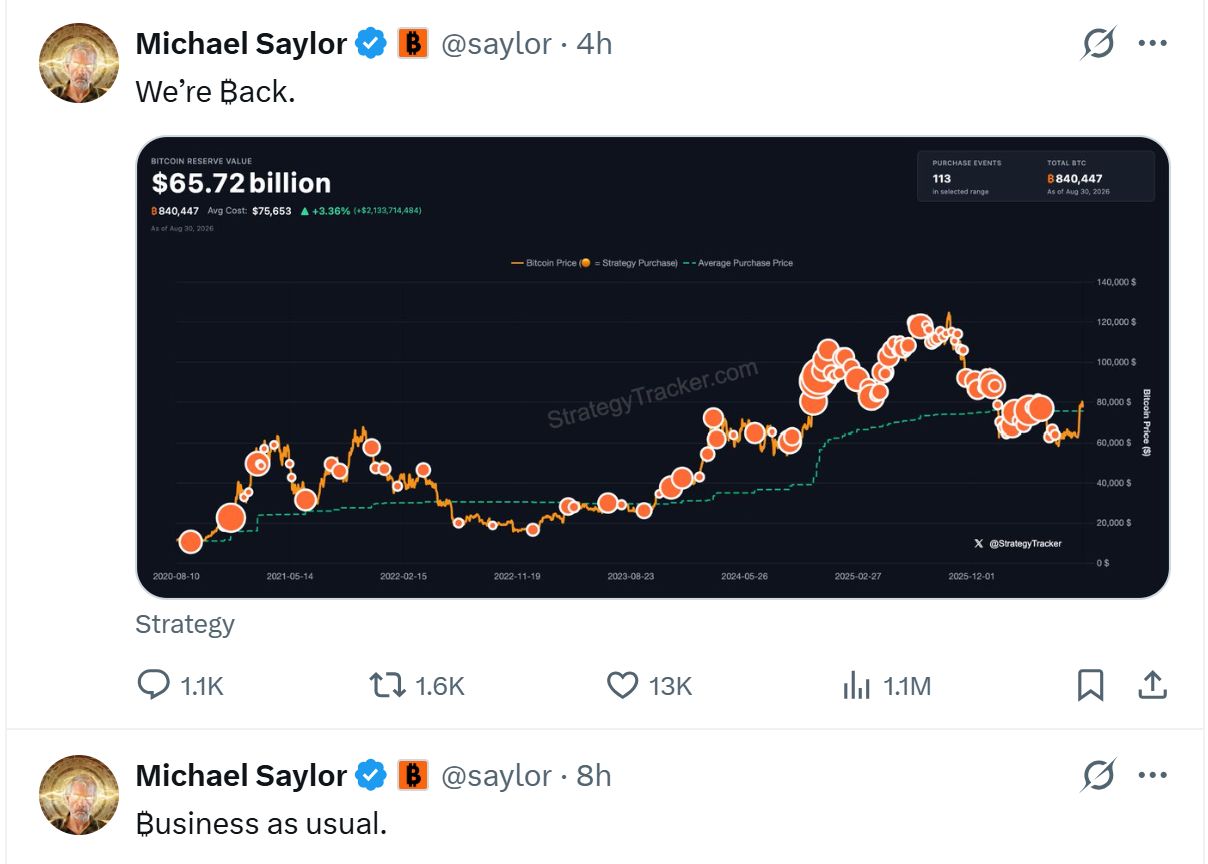 マイケル・セイラー氏、追加ビットコイン購入を示唆　出典： Saylor on X