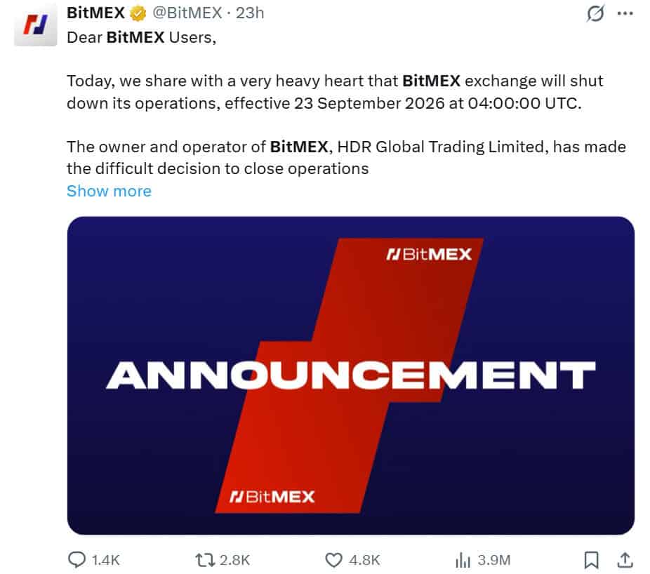 BitMEX will permanently cease operations on September 23, 2026, at 04:00 UTC following a strategic review by its owner, HDR Global Trading Limited
