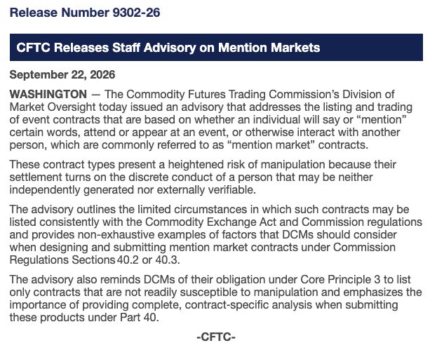 Eine Veröffentlichung der CFTC zu Mention Markets