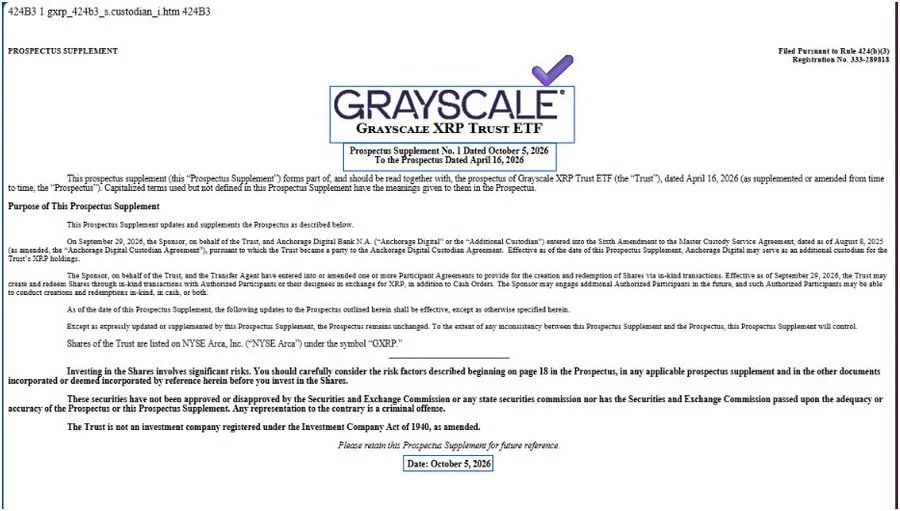 Grayscale’s XRP ETF ($GXRP) added Anchorage Digital Bank as a secondary custodian news