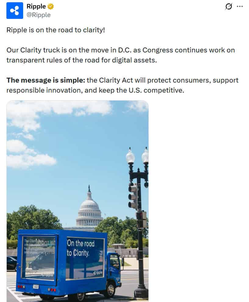 Ripple promoted its blue “Clarity truck” in Washington, D.C., encouraging support for the Digital Asset Market Clarity Act and advocating for clearer rules governing digital assets and crypto