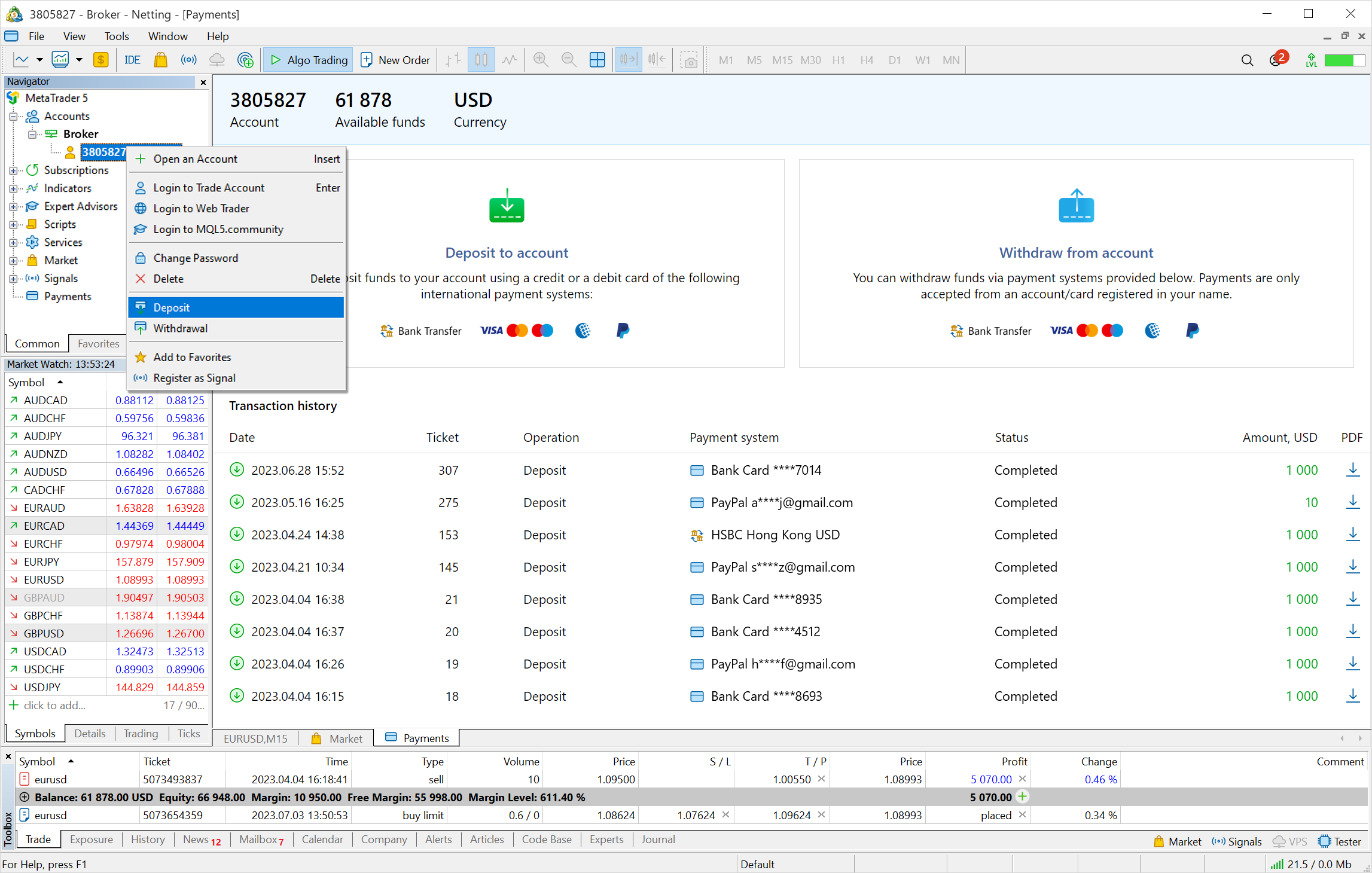 MetaTrader 5 Build 3950: Deposits/withdrawals in the terminal and updated trading report