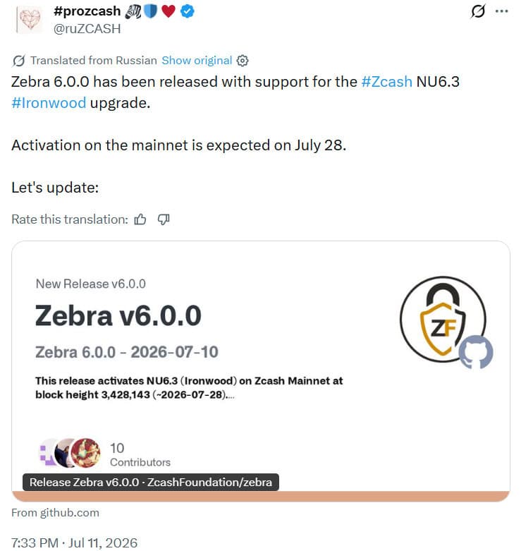 The Zcash Foundation released Zebra 6.0.0 with full support for the NU6.3 Ironwood upgrade