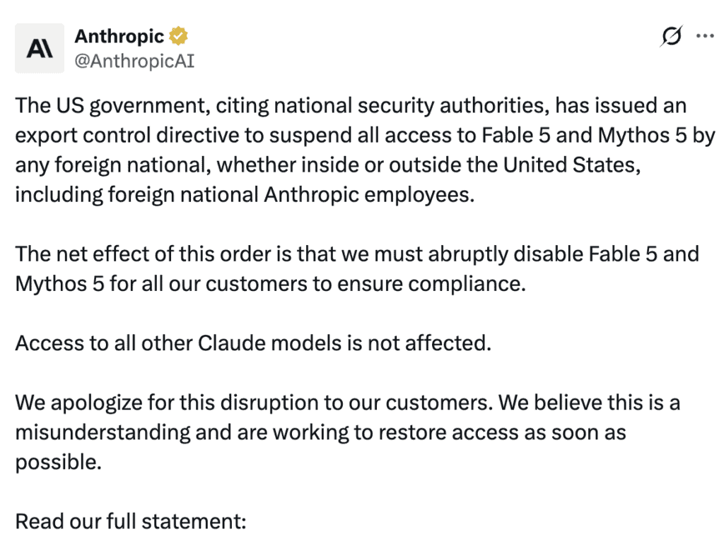 tweet confirming anthropic asked to remove access to fable and mythos by us govt