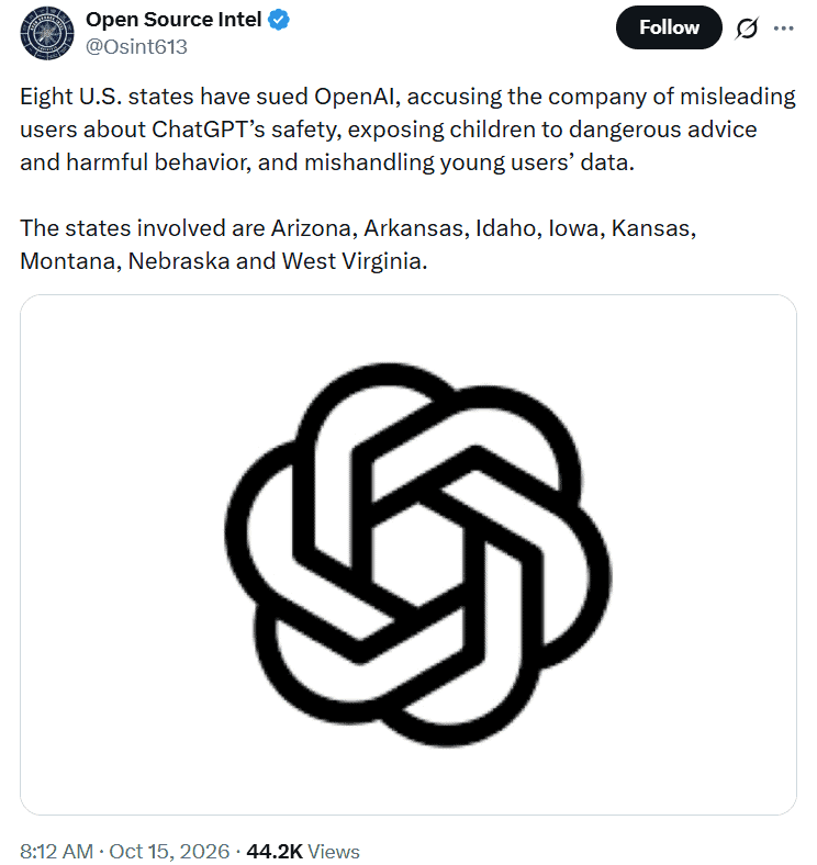 Eight U.S. states sued OpenAI on October 14, 2026