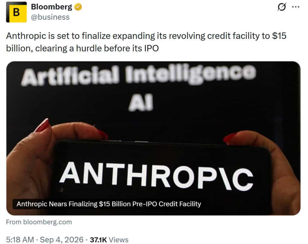 Anthropic is finalizing a $15 billion revolving credit facility News