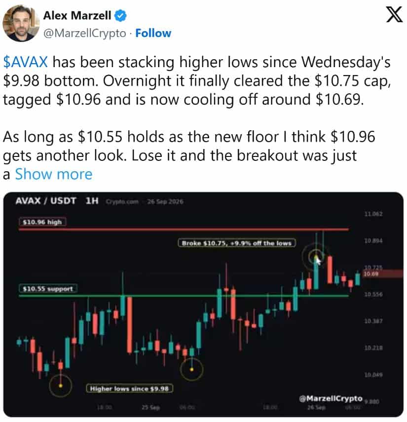 AVAX Builds Higher Lows as $10.96 Comes Back Into Focus
