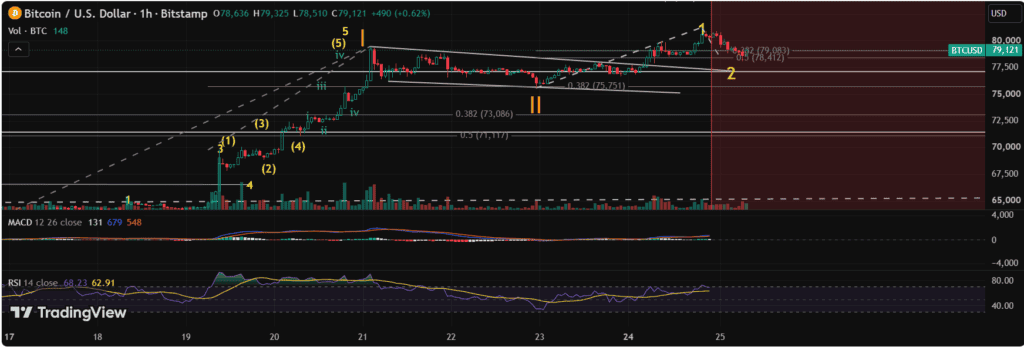 the chart shows Bitcoin's five-wave structure suggests Wave 2 consolidation above $78,412 could precede a Wave 3 advance toward $84K-$87K