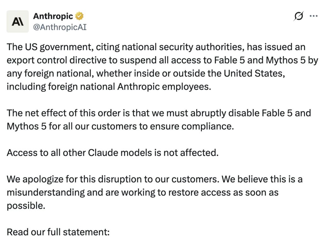 tweet confirming anthropic asked to remove access to fable and mythos by us govt