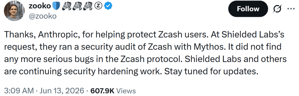 Anthropic’s Mythos AI completed a full audit of the Zcash protocol after the Orchard vulnerability was patched, uncovering no additional serious security flaws