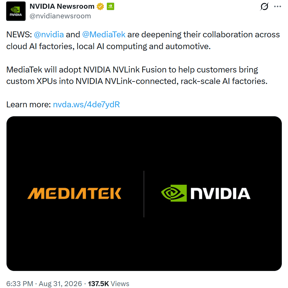 NVIDIA and MediaTek are expanding their partnership across cloud AI