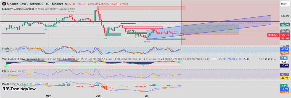 BNB has reached the lower boundary of a well-defined daily parallel channel, a key support level that has historically triggered rebounds