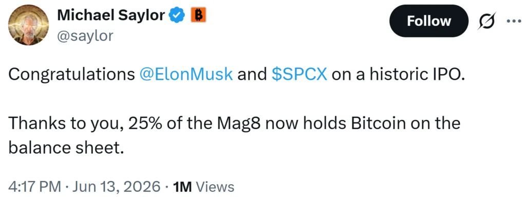 Michael Saylor praised Elon Musk and SpaceX’s Nasdaq debut, highlighting the company’s Bitcoin holdings