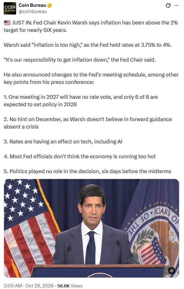 FOMC voted 10–2 to hold interest rates at 3.75%–4%