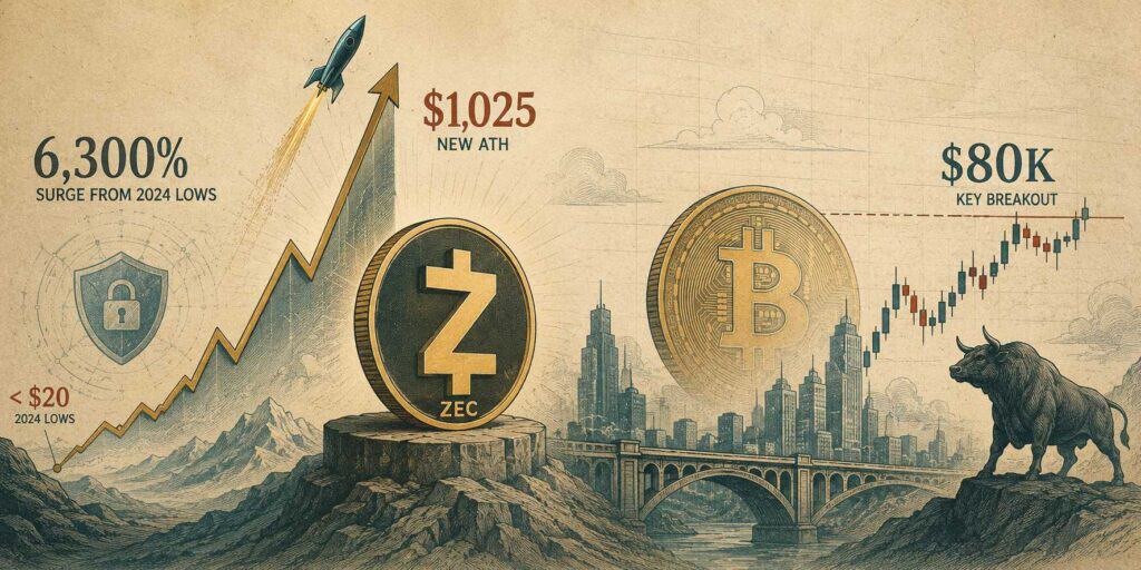 ZEC Hits $1,025 ATH After 6,300% Surge From 2024 Lows as BTC Awaits $80K Breakout