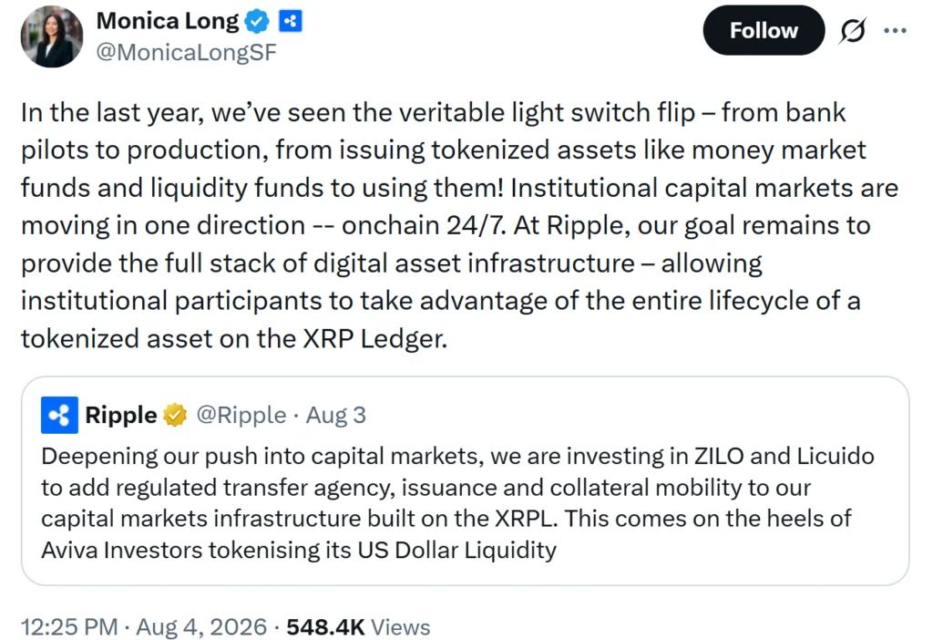 Monica Long says institutional finance is shifting from tokenized-asset pilots to live production