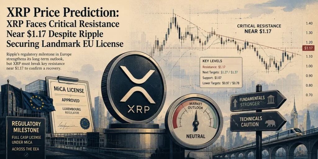 XRP Price Prediction: XRP Faces Critical Resistance Near $1.17 Despite Ripple Securing Landmark EU License