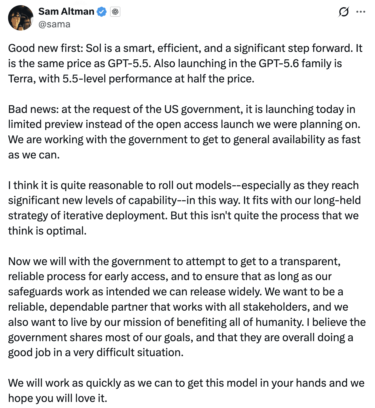 OpenAI released GPT-5.6 on Friday, and for the first time an American AI company shipped a frontier model under a government-managed access list. The flagship, called Sol, along with its mid-tier sibling Terra and the low-cost Luna, went out only to around 20 organizations whose names were individually cleared by the US government. 