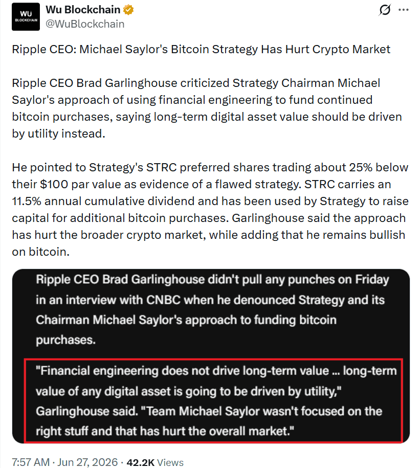 During his CNBC interview, Brad Garlinghouse said STRC trading about 25% below its $100 par value despite its 11.5% dividend is a 