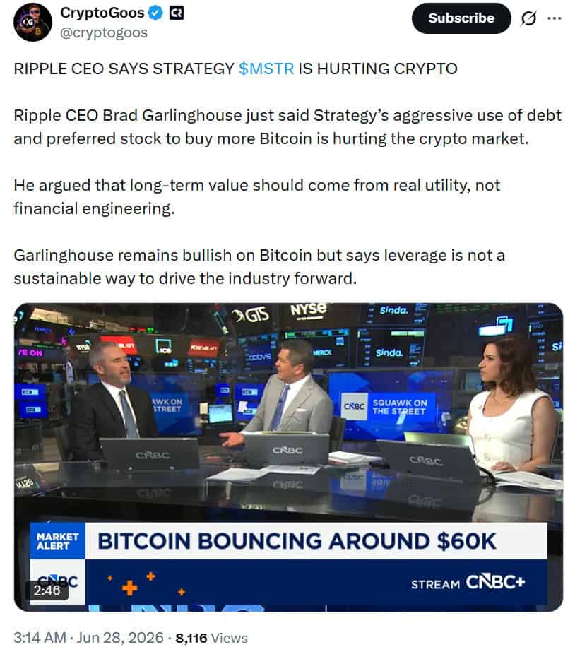 Ripple CEO Brad Garlinghouse said Strategy's debt-funded Bitcoin purchases have amplified selloffs and increased crypto market volatility