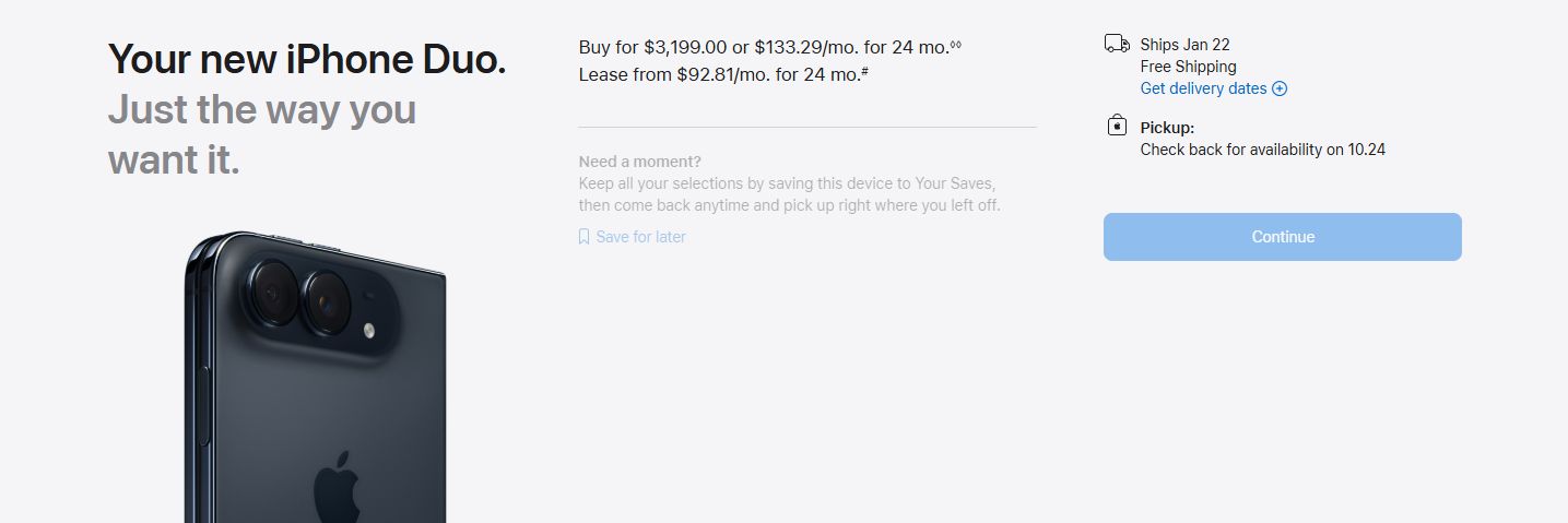 iPhone Duoの予約購入ページ、アップル米国ストアで1月22日配送・10月24日受取表示