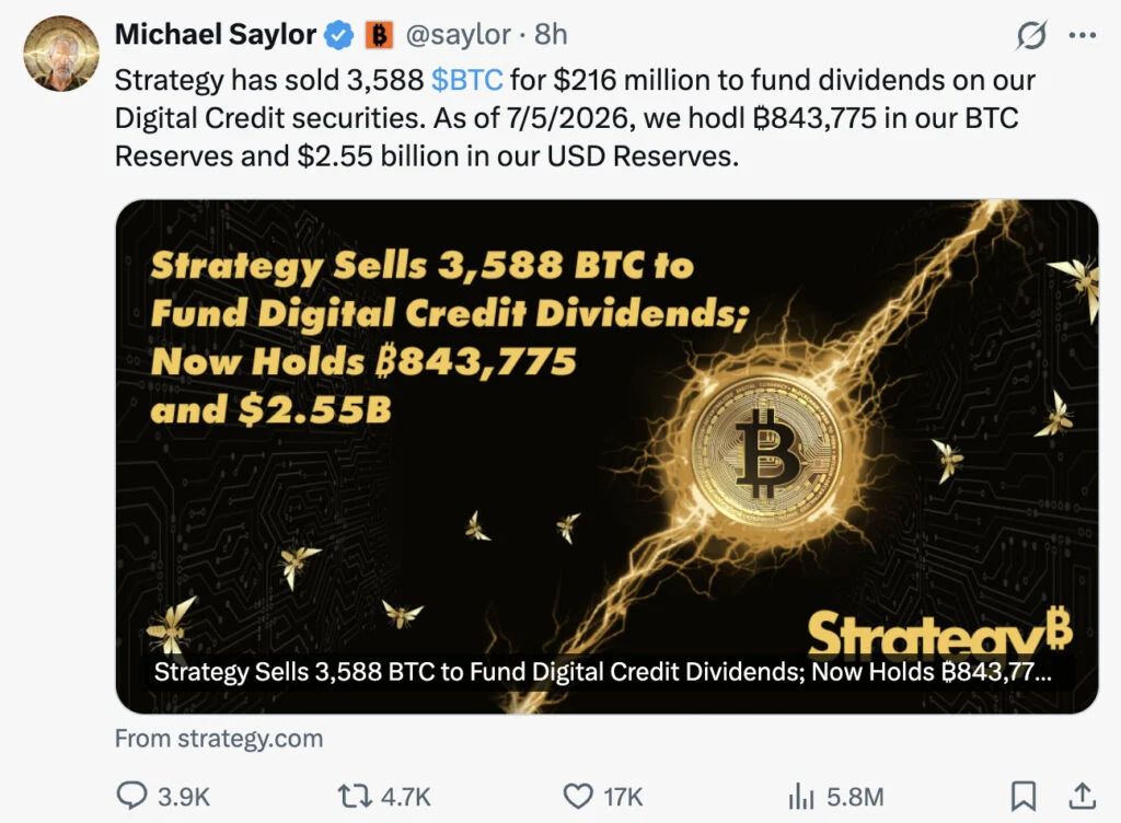 strategy tweet explaining they are selling 3,300 bitcoin