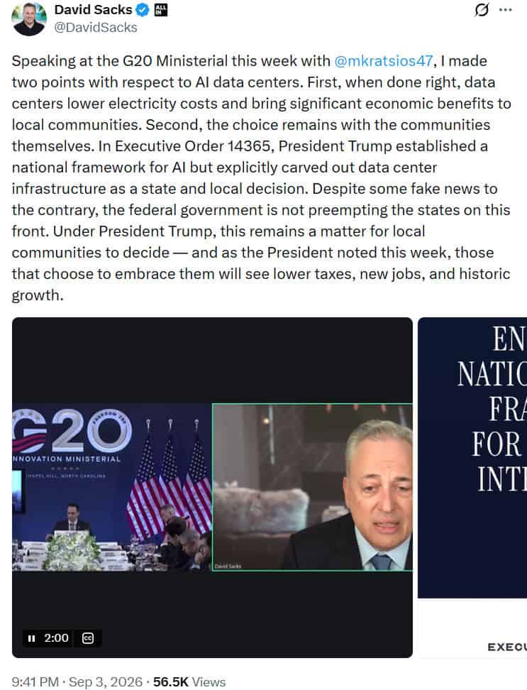 Sacks said locally sited AI data centers can lower electricity costs while creating jobs