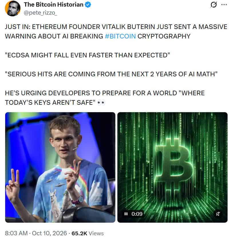 Vitalik Buterin warns that AI-driven mathematical breakthroughs could weaken ECDSA signatures