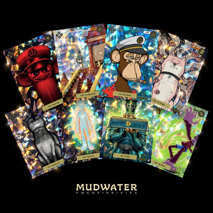 Physical and digital Bored Ape cards from the Mudwater TCG on Solana