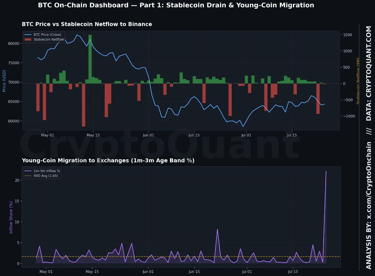 Дашборд из двух графиков: чистый приток стейблкоинов на Binance и миграция молодых монет на биржи.