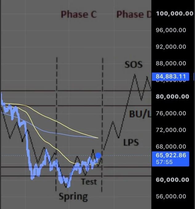 The analysis maps Bitcoin’s price near $66K to the Wyckoff “Test” phase following a “Spring” low, suggesting a transition from Phase C to Phase D
