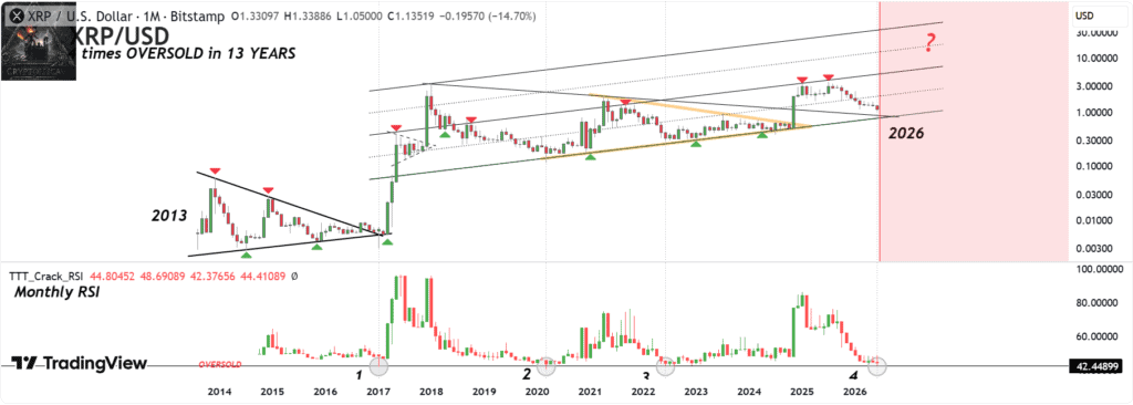 chart shows XRP has entered a rare long-term reset zone, with the monthly RSI reaching deeply oversold levels only four times in the past 13 years, historically preceding major market phases