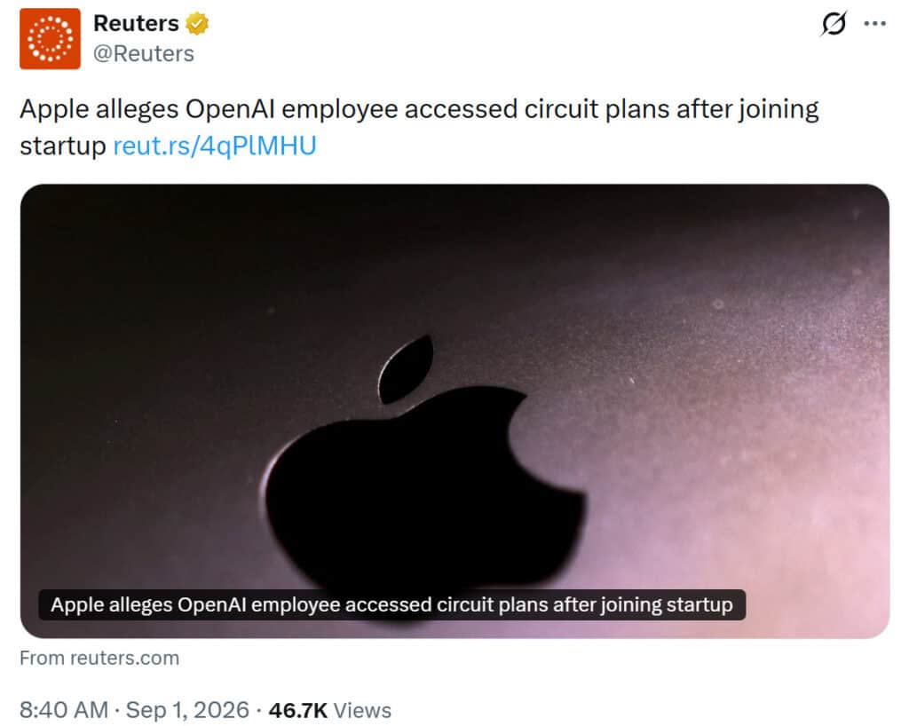 Apple alleges former engineer Chang Liu accessed confidential power-converter schematics after joining OpenAI
