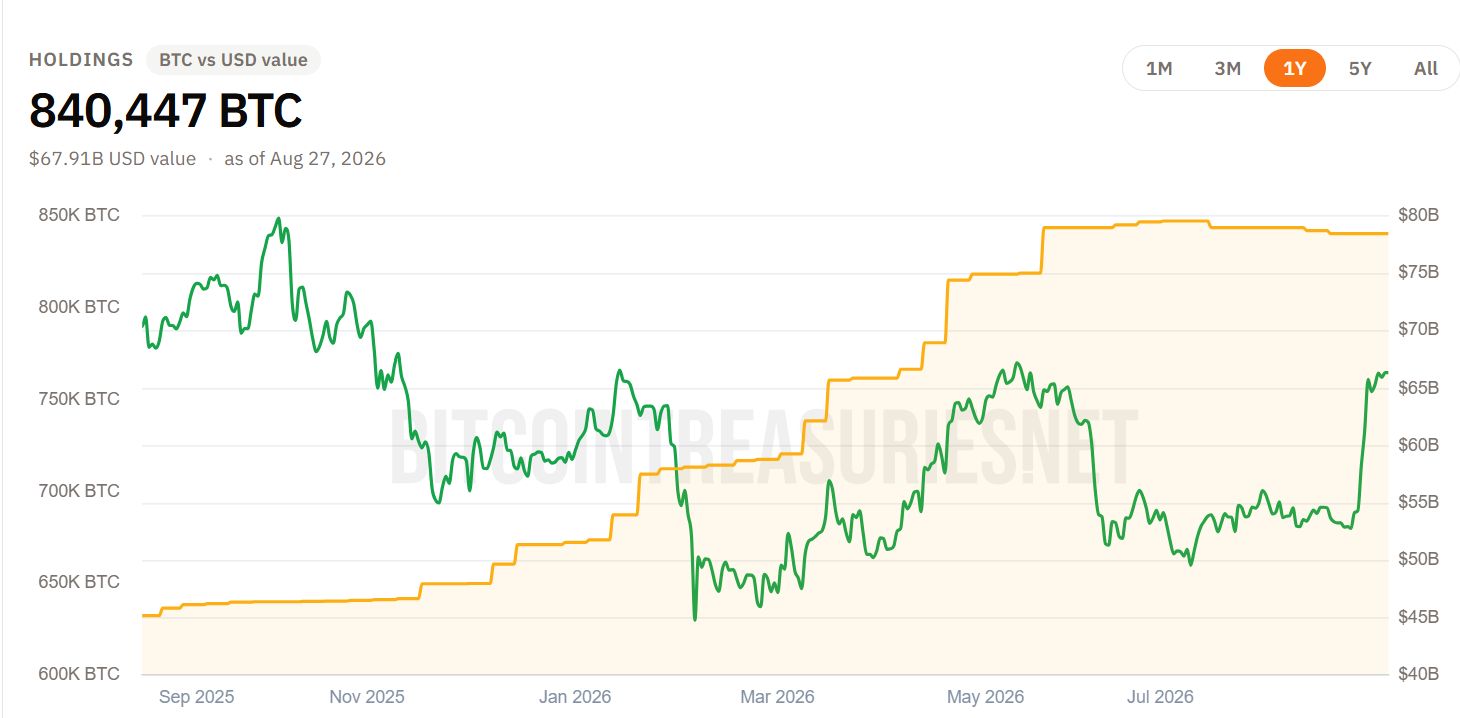 Detenzioni di BTC di MicroStrategy. Fonte: Bitcoin Treasuries