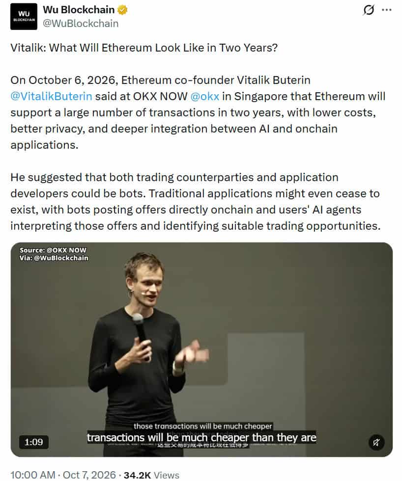 Vitalik Buterin predicts Ethereum will support cheaper, high-volume transactions with stronger privacy within two years