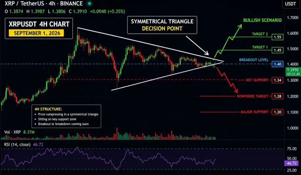 the chart shows XRP is at a key decision point as its 4H chart forms a tightening symmetrical triangle