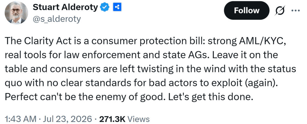 Ripple CLO Stuart Alderoty backed the CLARITY Act as a key consumer protection measure, citing stronger AML/KYC rules and enhanced enforcement tools to deter bad actors