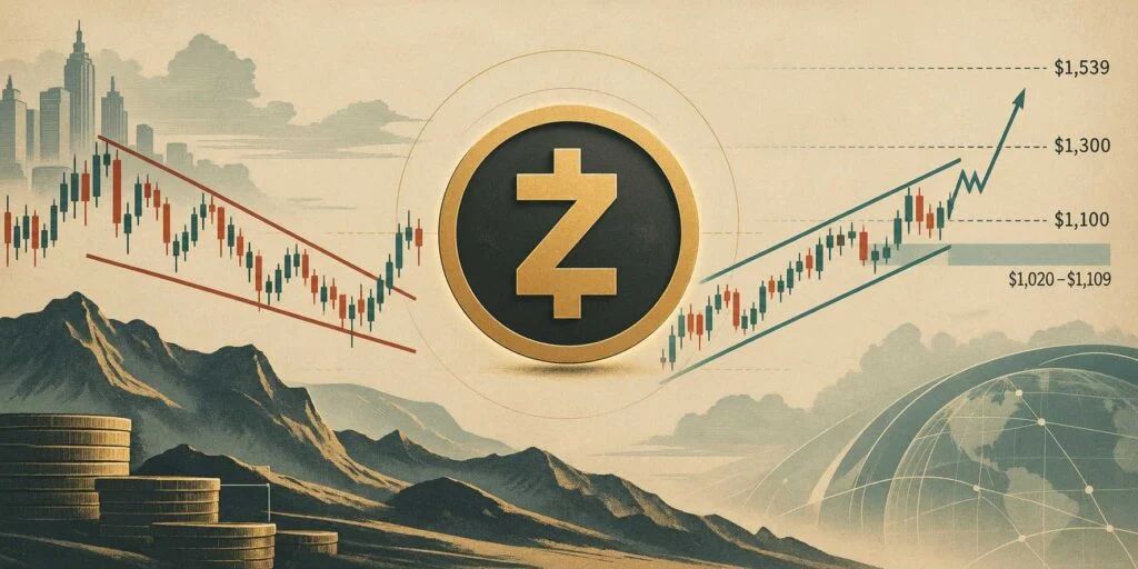 Zcash (ZEC) Price Prediction: Falling Wedge Breakout and Rising Channel Point to $1,539 as ZEC Consolidates Near $1,100