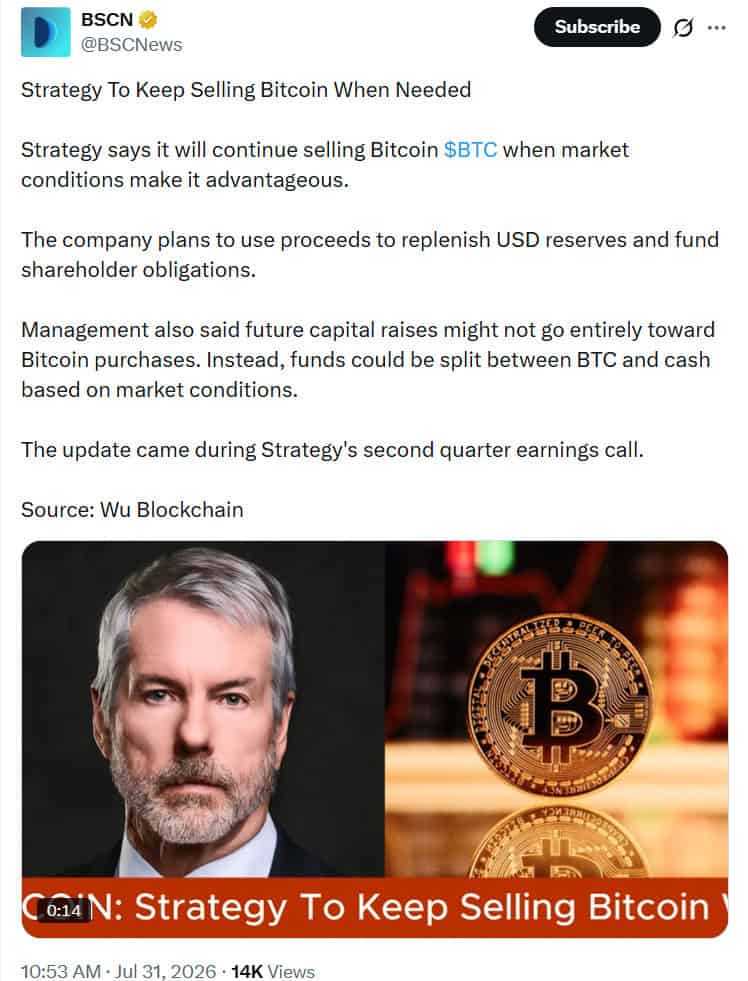 Strategy said it will sell Bitcoin opportunistically when market conditions are favorable