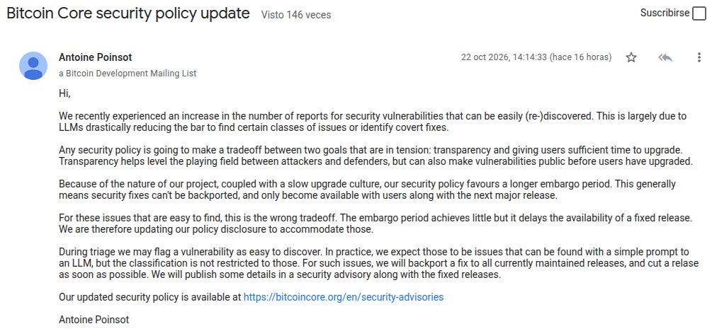 Bitcoin Core Security Policy Update. Source: Google Groups